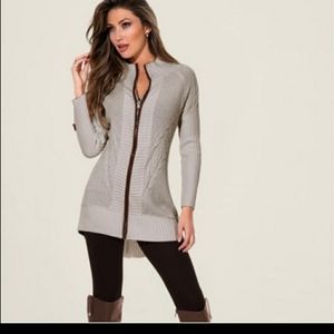 Venus Cable Knit Sweater with Faux Leather Trim. Front Zip.